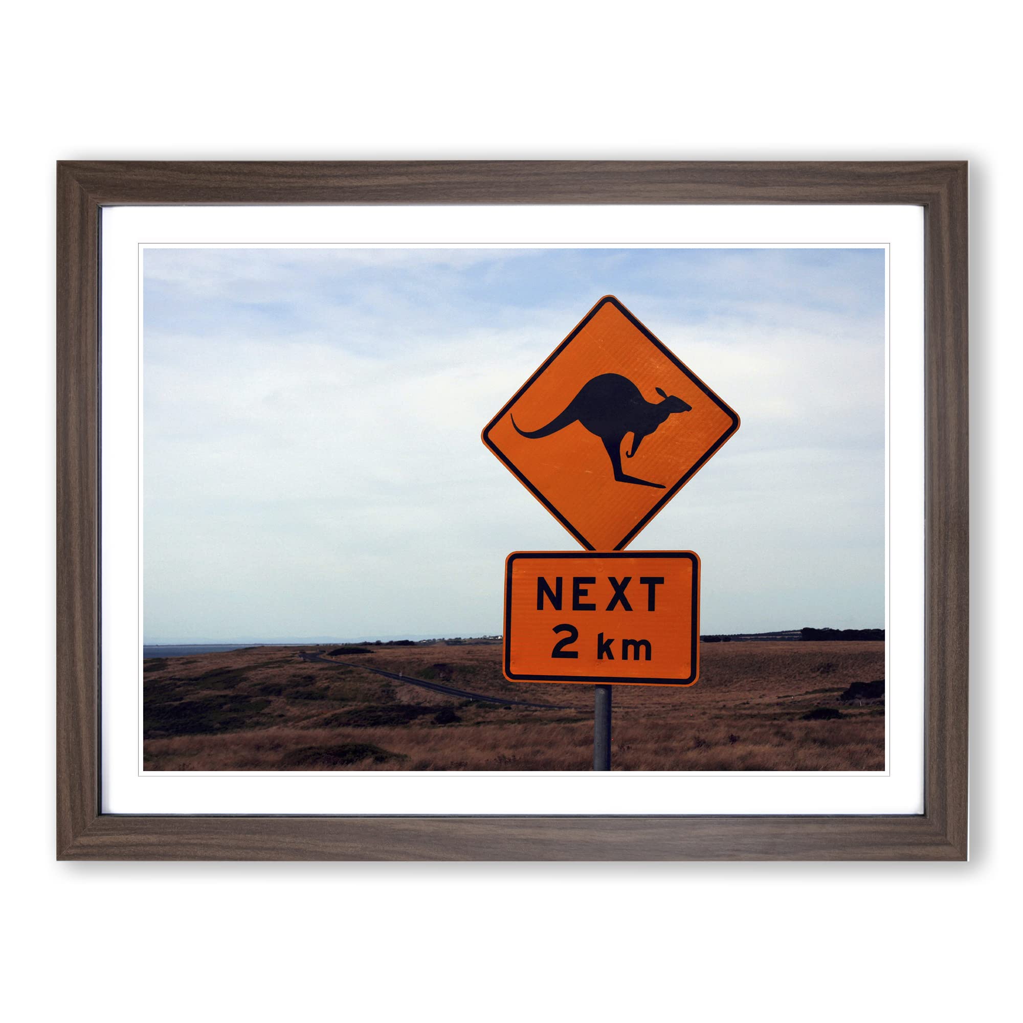 Landscape Australia Kangaroo Sign Modern Framed Wall Art Print, Ready to Hang Picture for Living Room Bedroom Home Office Décor, Walnut A4 (34 x 25 cm)