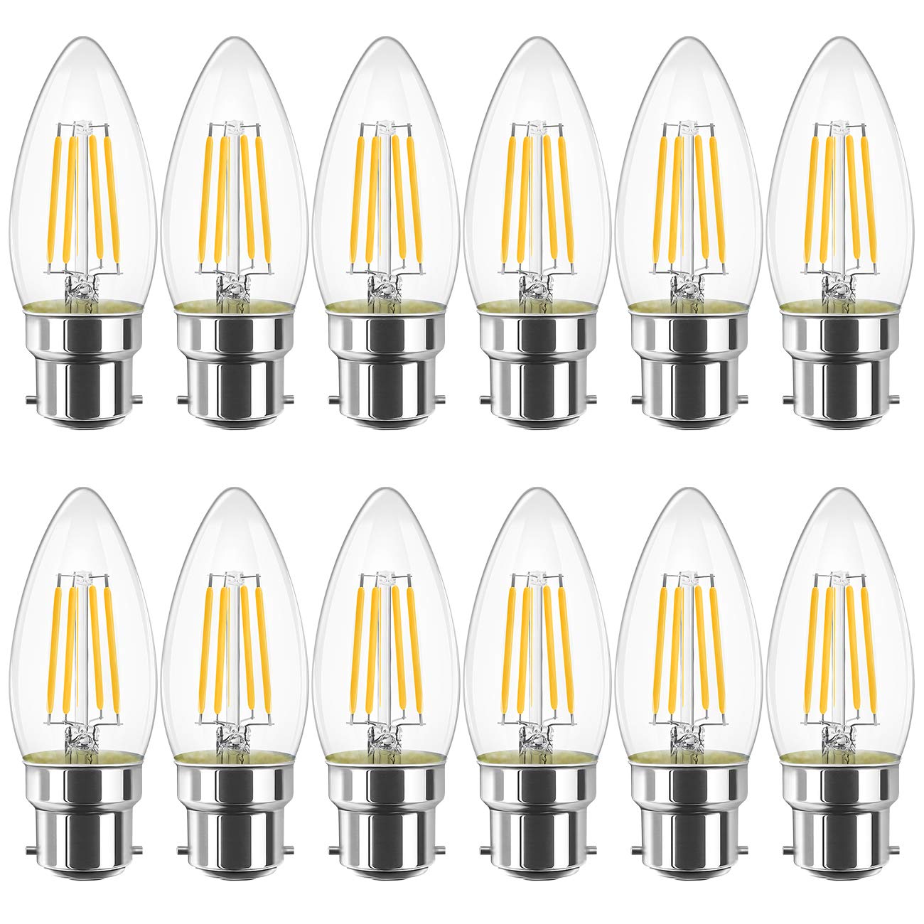LVWIT B22 LED Filament Candle Bulb, C35 Bayonet Light Bulbs,470Lm, 4W Replace 40Watt,2700K Warm White Candle Bulbs for Chandeliers Fittings Non-Dimmable (12 PCS)