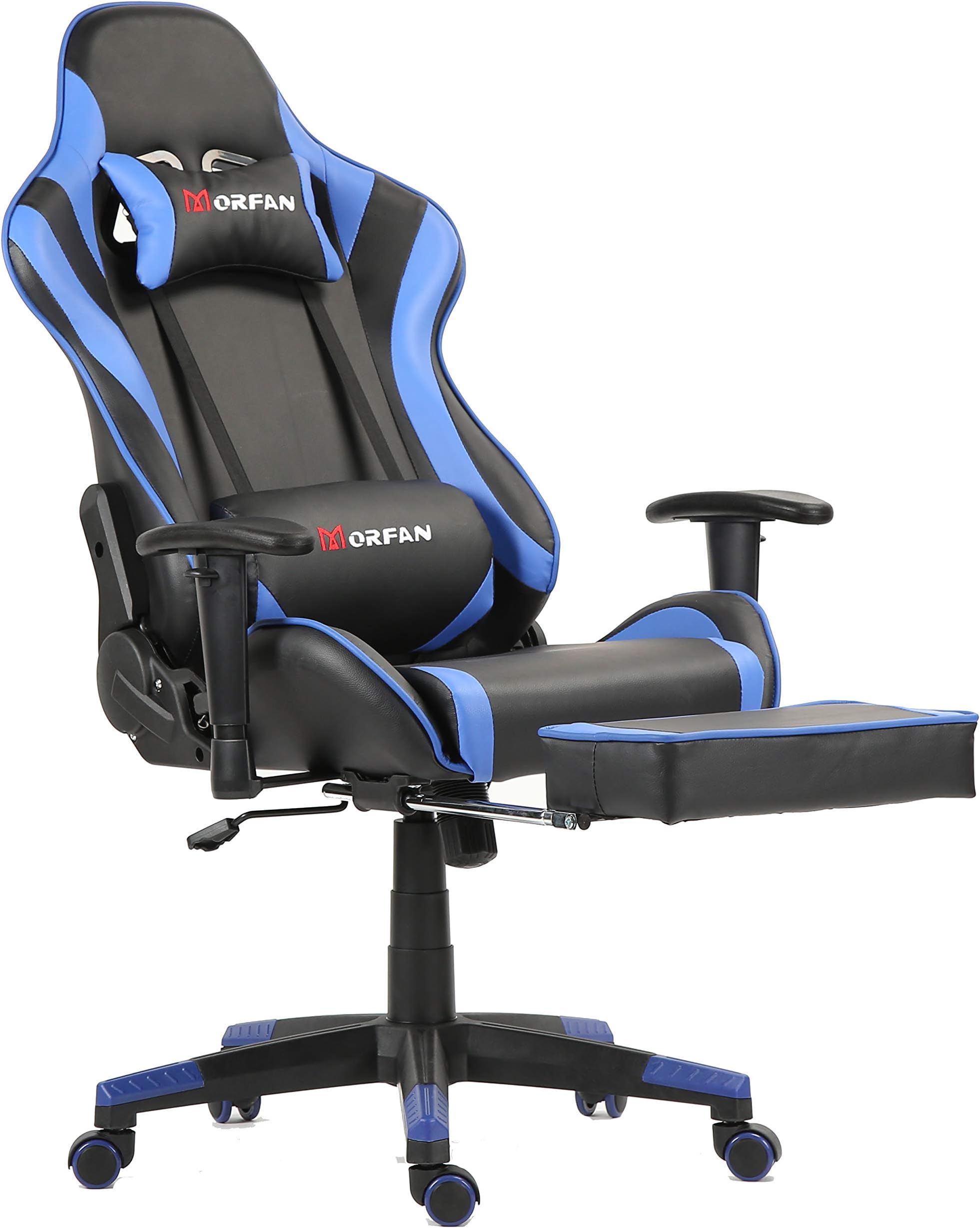 Morfan Gaming Chair New Sixe with Footrest ，Massage and Rocking Function Fashion Office Chair Racing Style PU Leather Desk Chair(Blue)