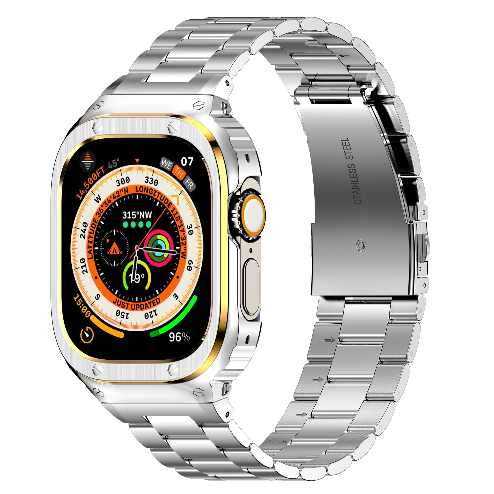 HASLFM Stainless Steel Straps with Case Compatible with Apple Watch 49mm Ultra 3/2/1, Rugged Replacement Cover Metal iWatch Bands for Men, Silver/Gold