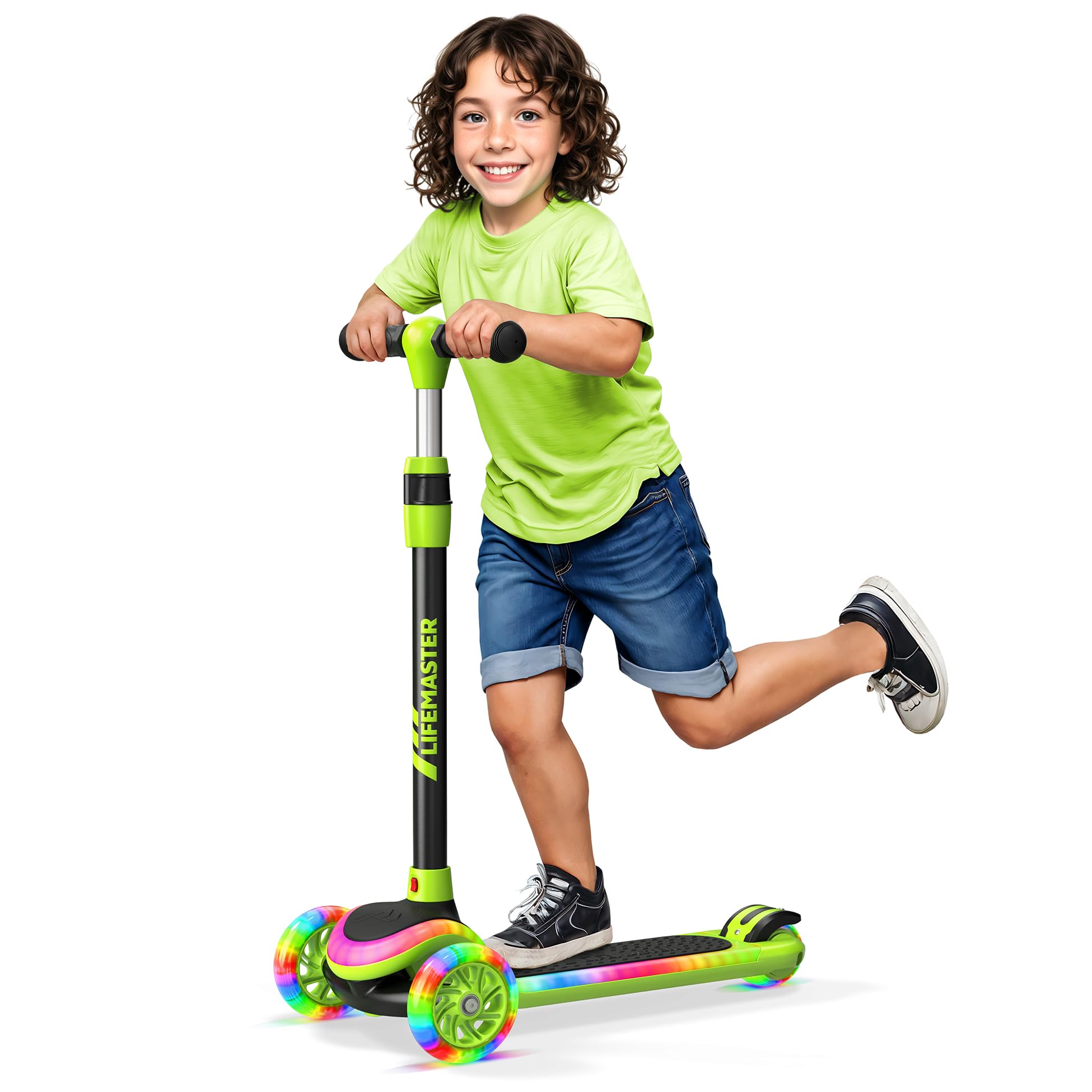 Photo 1 of *IT IS USED, MISSING A PART AND IT IS UNKNOWN IF IT WORKS 100%**** 3-Wheel Kids Scooter with Multi-Color Lights on Deck & Wheels – 5-Height Adjustable Handlebar, Wide Anti-Slip Deck, Child Safety Certified, Boys & Girls Ages 3+ Support Up to 150 lbs, Gree