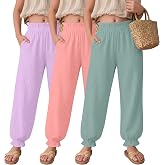 LessonZoo 3 Pack Girls' Cotton Linen Harem Pants 3Color 11-12Y | Ruffle Harem Pants, Elastic Waist Bloomers, Casual Basic Pants, Summer Daily Wear, Kids Casual Outfit
