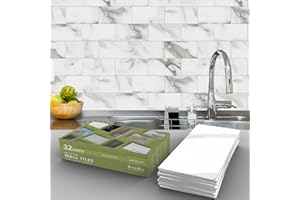 URCOLOR 32-Piece Peel and Stick Backsplash Wall Tile, 4"x 8" PVC Glossy White Gray Marble Stick on Subway Tiles for Kitchen, Bathroom, Laundry Room, Camper, Fireplace