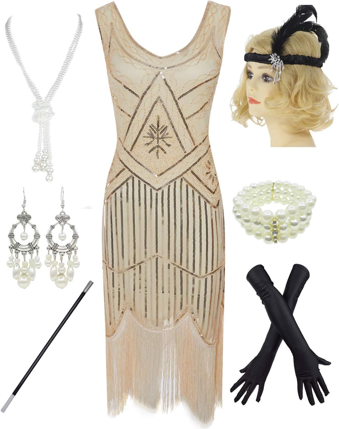 1920s Gatsby Sequin Fringed Paisley Flapper Dress with 20s Accessories Set