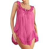 Foxiny Sexy Bows Split Side Ruffle Lace Mesh Sheer Babydoll Lingerie Dress Nightgown Set with Thong 2 Piece