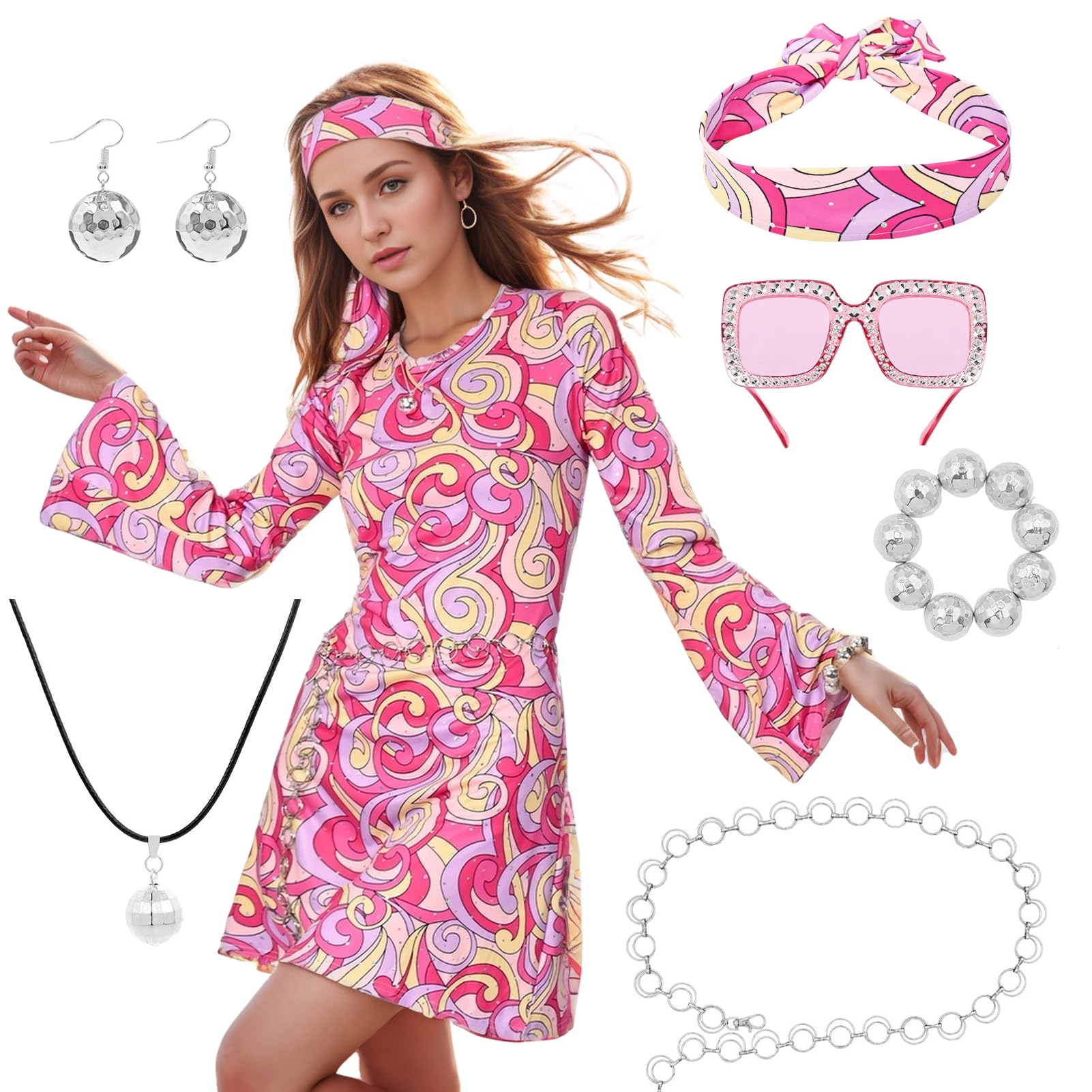 Matreeglam Hippie Costume Set for women, 60s 70s Fancy Dress, Hippie Ladies Dress, Retro Hippie Accessories with Sunglasses Headband for Carnival Theme Party (Pink, XL)