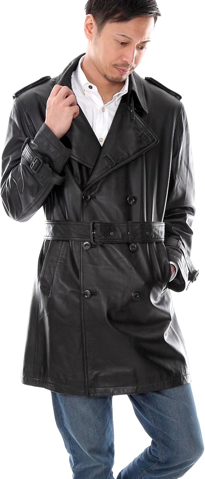 Amazon 有名メーカー レザー ショート トレンチコート メンズ ラム ダブル 6023 M ブラック コート ジャケット 通販