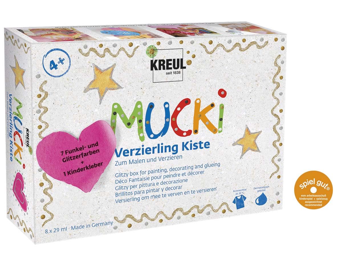 KREUL 24341 - Mucki Decorative Box 7plus1, 7 x 29 ml Ornaments and 29 ml Children's Glue, Glittering Children's Effect Paint, Water-Based, Paraben-, Gluten-, Lactose-Free, Vegan, Washable