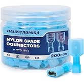 haisstronica 200 PCS M/F Nylon Spade Connector, 16-14 AWG, Blue | Thick Crimp Barrels, Thick-Wall Nylon Sleeves, Male/Female Refills, Auto, Trailer and Marine Wiring, Quick Disconnects