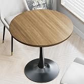 24 inch Small Tulip Table for 2 Person,Walnut Round Dining Table for Bistro | Leisure Wood Table with Black Metal Pedestal Base for Cafe, Office, Living Room, Bar, 24&rdquo; Circle Kitchen Tables for 4 People