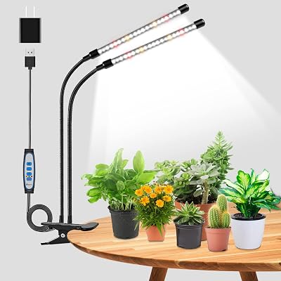 wolezek Grow Lights Full Spectrum 2-Head LED Plant Lamp with Clip 6/12/16H Timer
