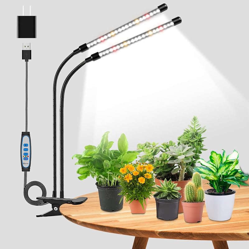 wolezek Grow Lights Full Spectrum 2-Head LED Plant Lamp with Clip 6/12/16H Timer
