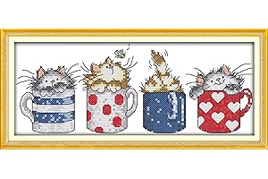 Funcrostitch Counted Cross Stitch Kits for Beginners,14ct Unprinted Pattern Embroidery Kit Dmc Cotton Threads Needleworks for Adults-Cats Hide in The Cups 11.4"×5.1"
