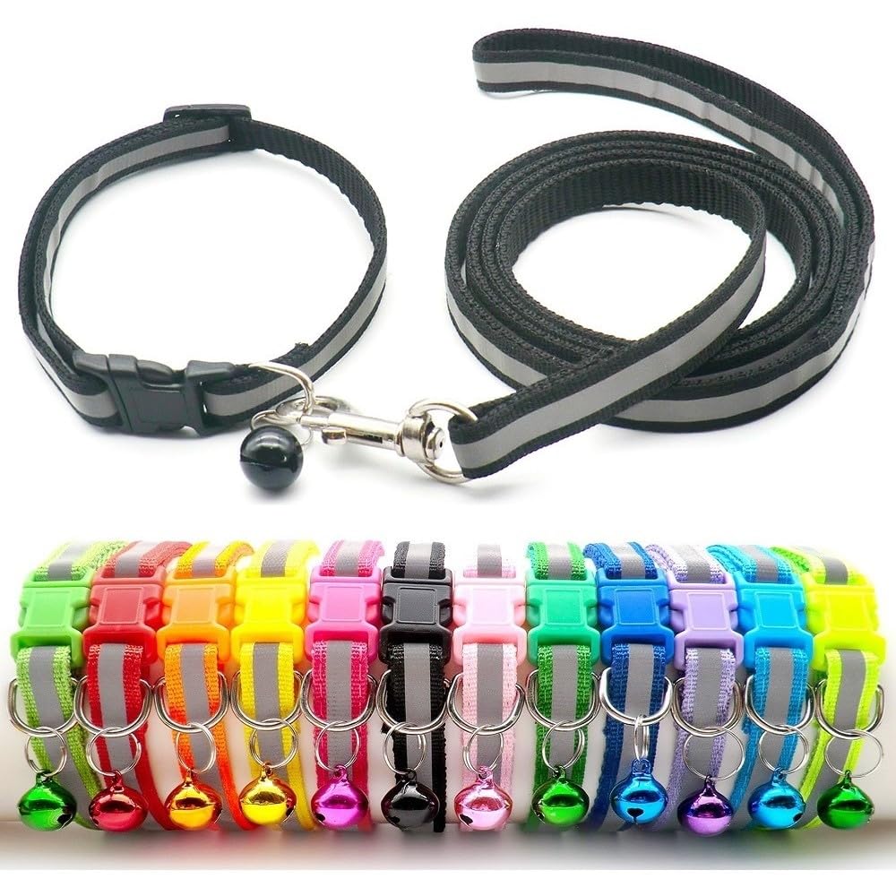 Small Dog Puppy Pet Collar and Lead Set Reflective Hi-Vis Strip Nylon Adjustable Size 19-32cm Collar with Bell and 120cm Leash Black