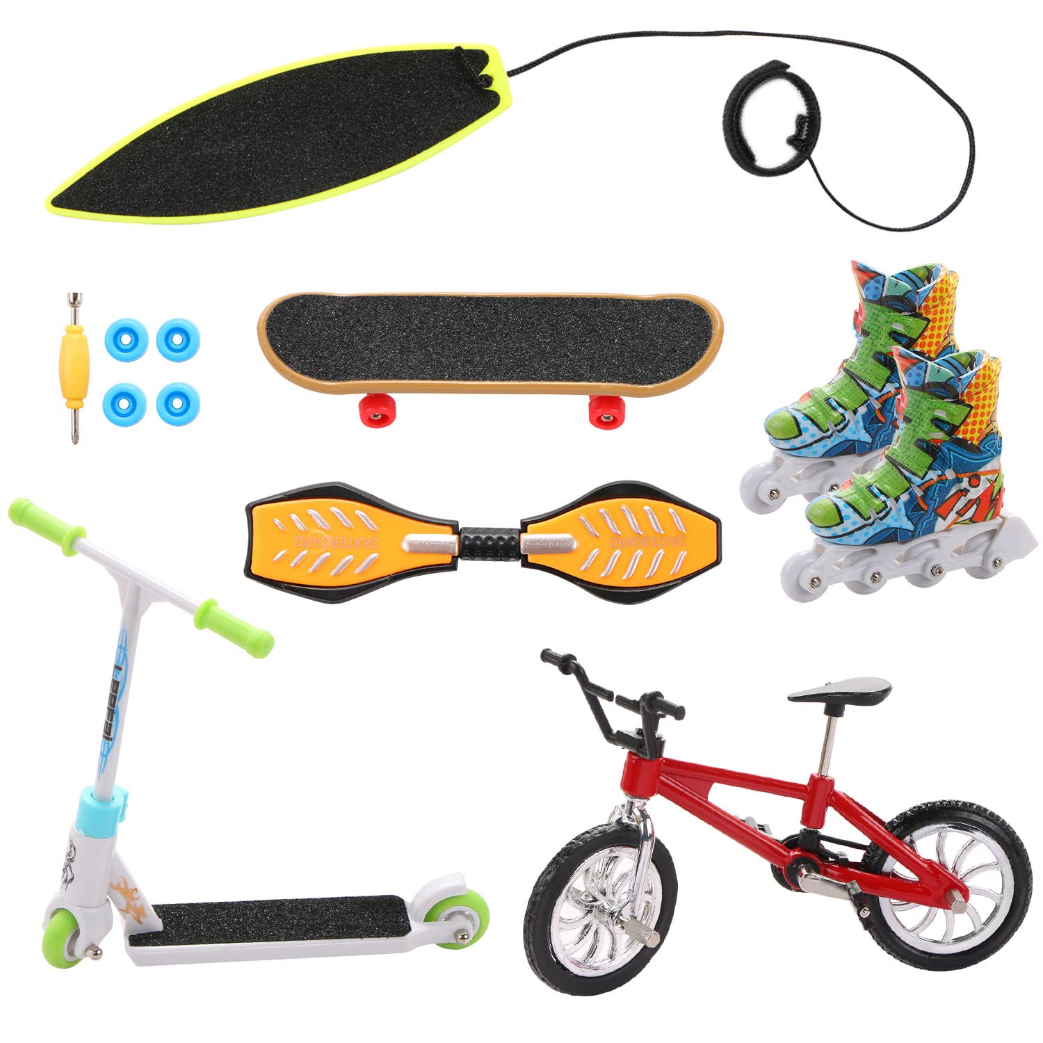 LALASTYLE Mini Finger Toy Set - Surfboard, Skateboard, Bicycle, Scooter, Vitality Board - 1 Pair Skates - Training Tricks Props