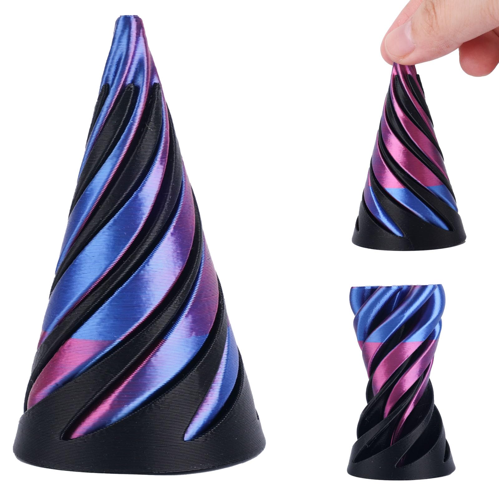 Spiral Cone Fidget Toy, 3D Printed Cone Impossible Pyramid Passthrough Sculpture Helix Pass Through Fidget Toy for Kids and Adults Stress Relaxation Random Stuff Gifts (Black Purple)