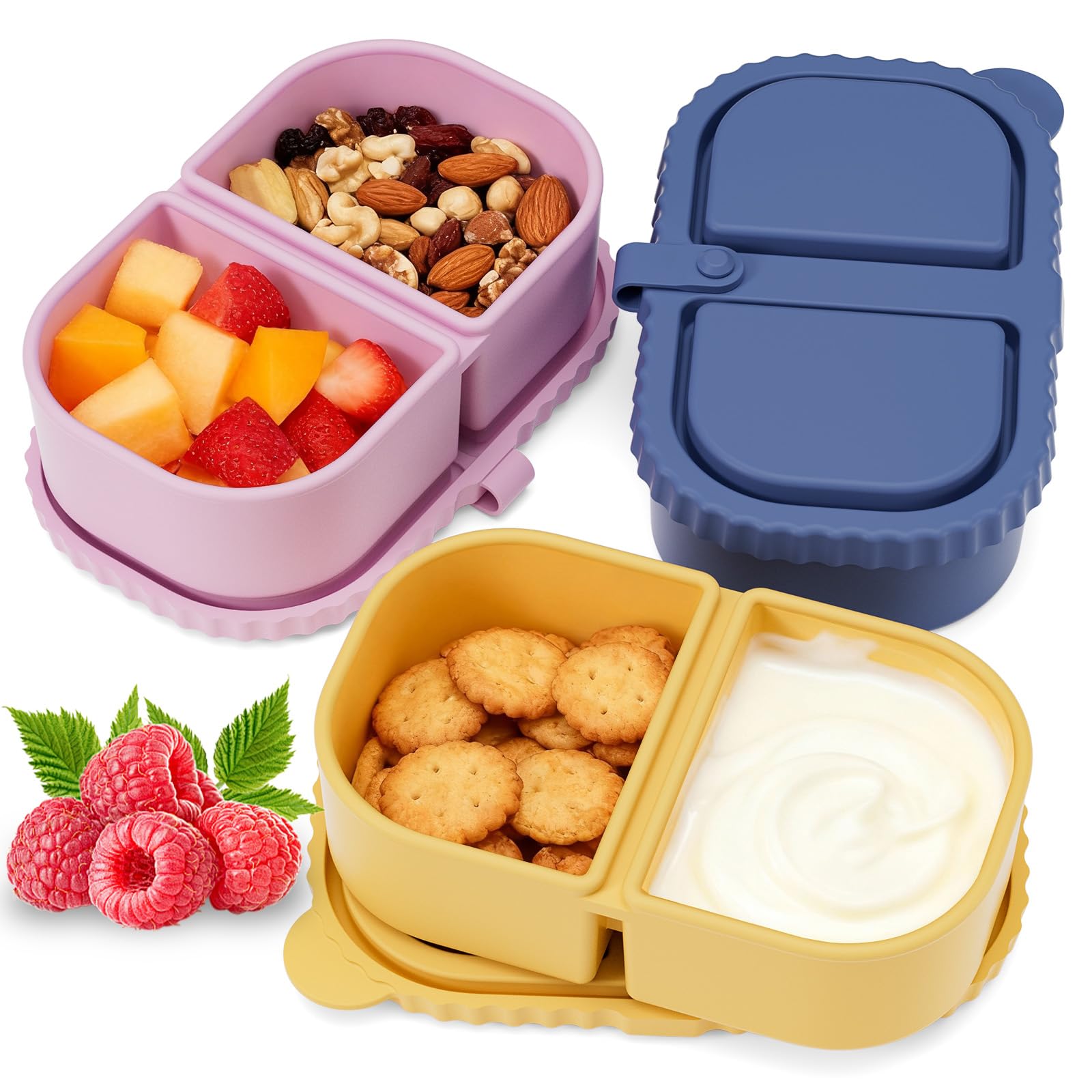 Photo 1 of 3 Pack Silicone Snack Containers with Lids, Leakproof Double Compartment 8oz Reusable Snack Box for Sauces, Dips, Fruits, Office, Travel, Picnic – Dishwasher, Microwave & Freezer Safe