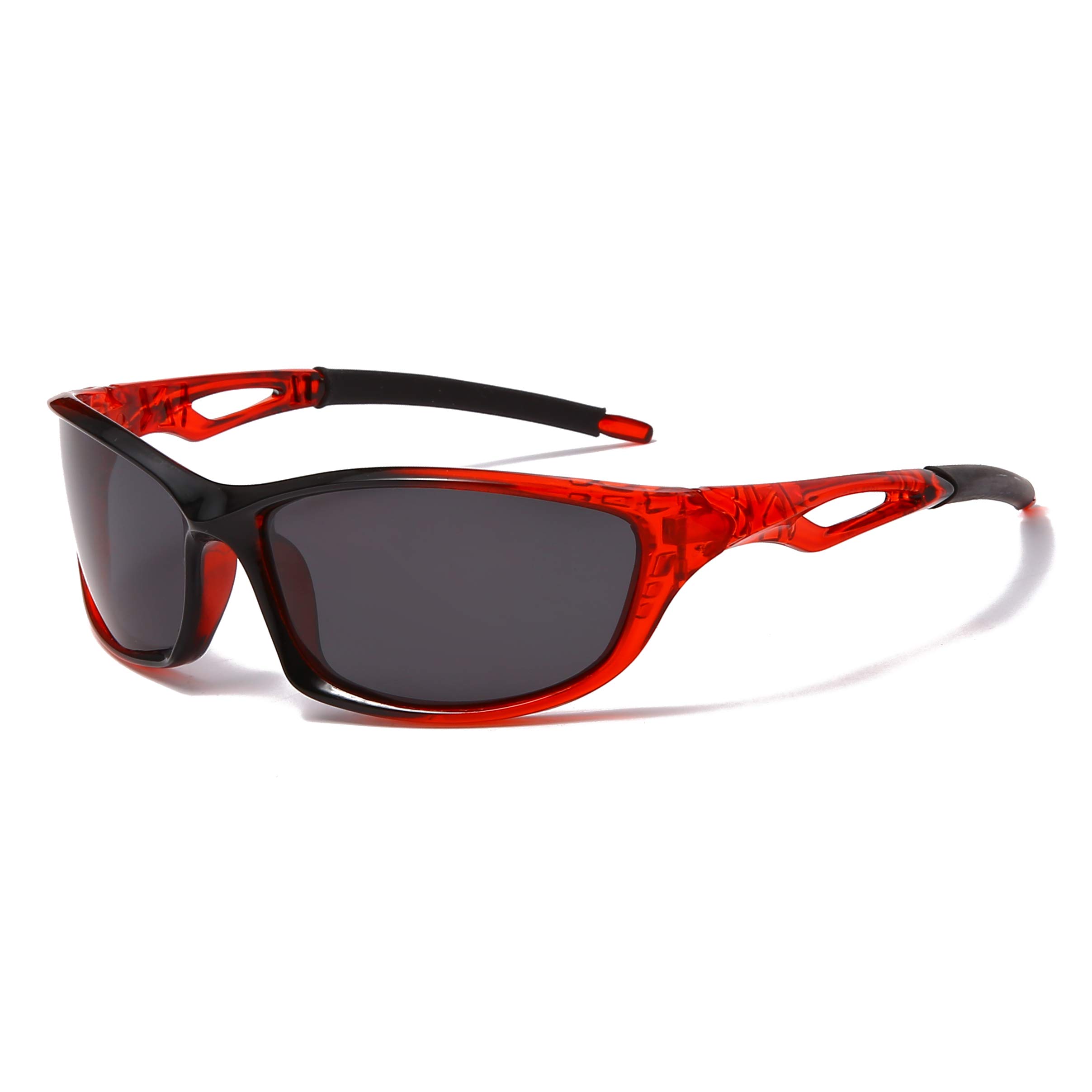 Long Keeper Polarised Sports Sunglasses For Men Women UV Protection Eyewear For Cycling Golf Fishing Running Sunglasses (Black Red Frame Grey Lens)