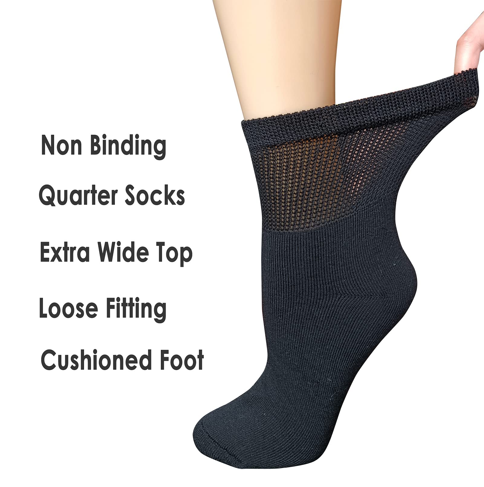 Women Extra Wide Comfort Fit Loose Fit Quarter Socks Moisture Wicking Cushion Diabetic Socks Loose Fit for Wide Swollen Feet Ankle 4 pairs 9-11, Black, One Size