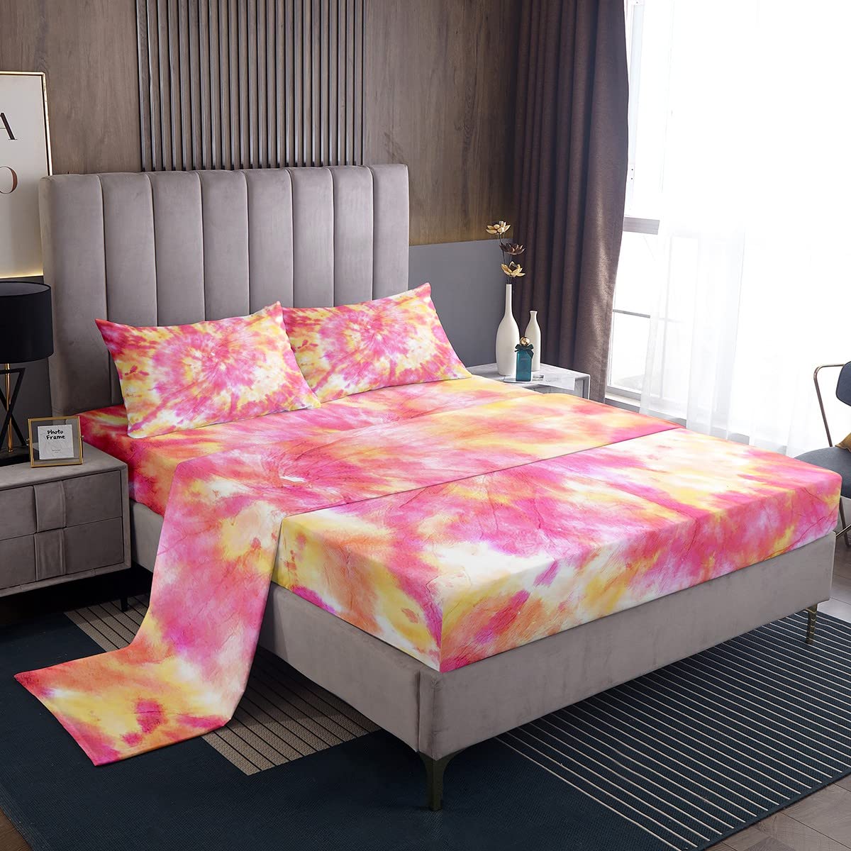 Pink Tie Dye Bed Sheets Swirl Tie Dye Bedding Sheets for Kids Boys Girls Psychedelic Bedding Fitted Sheet Boho Tie Dye Sheet Set Bed Sheets Single Size