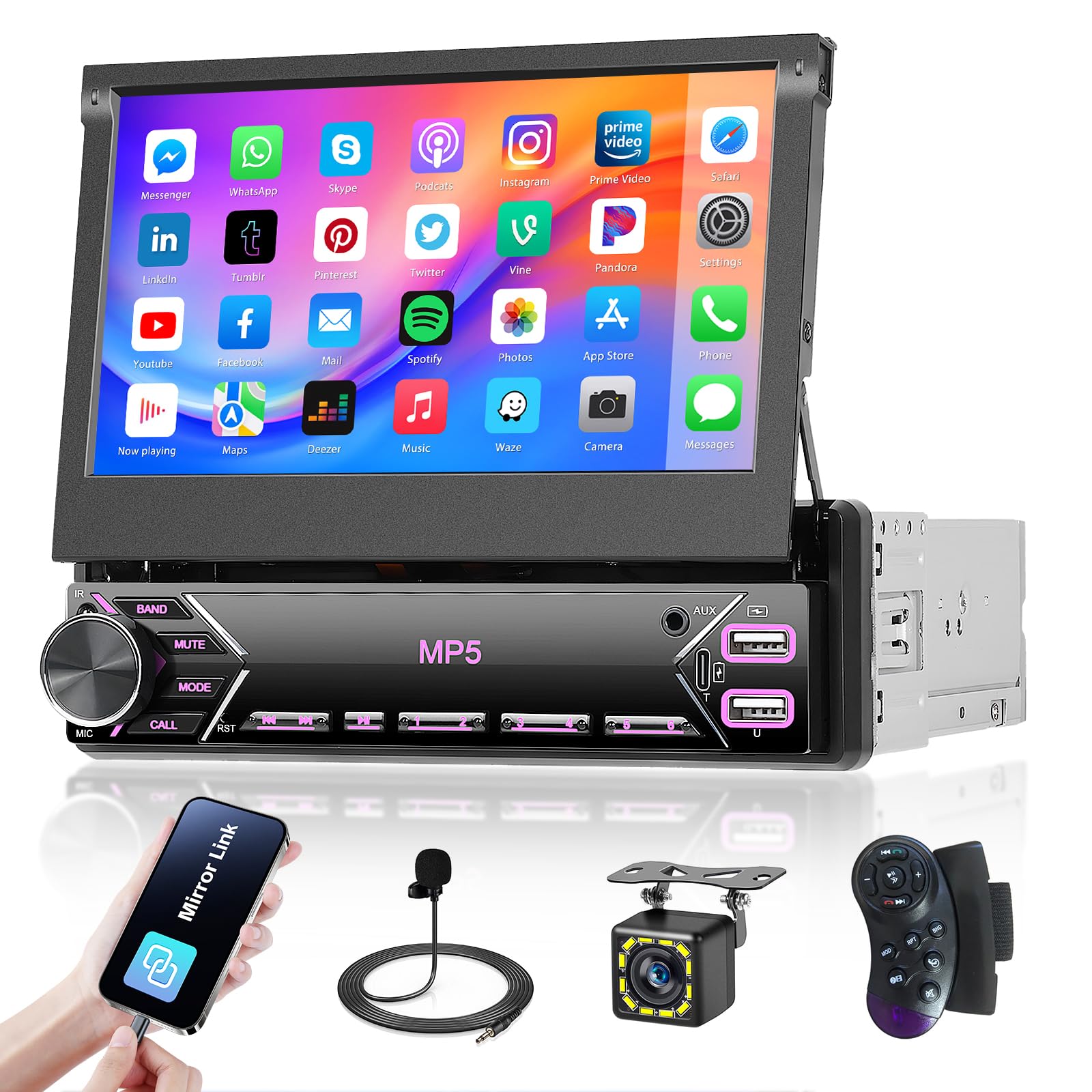 Photo 1 of [Stable] Hikity 7 Inch Flip Out Single Din Car Stereo, 1 DIN Touch Screen Car Radio 1080P HD Bluetooth Car Audio Receiver Support SWC, Mirror Link, EQ/FM Radio with Dual USB/Type-C, Backup Cam+Mic