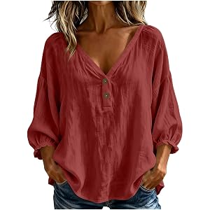 Womens Casual Blouses Tops Puff Sleeve V Neck Button Up Henley Shirts | 3/4 Length Sleeve, Loose Fit, Solid, Fall Fashion Clo