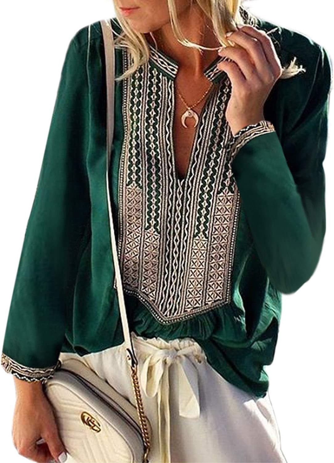 FARYSAYS Women's Boho Embroidered V Neck Long Sleeve Casual T-Shirt Tops Loose Blouse