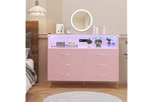 Klysiora Pink Dresser Large Dresser for Bedroom with Power Outlet and LED Lights Storage Cabinet with 6 Drawers and 2 Open Shelves for Living Room, Foyer and Bedroom