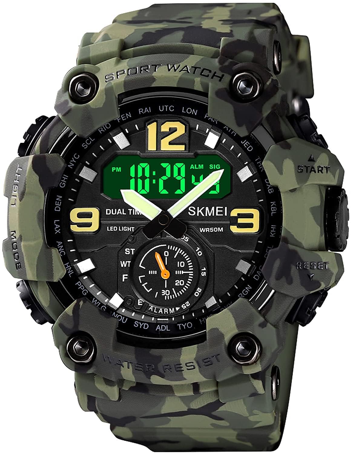 Gosasa Men's Large Face Outdoor Sports Watches Military S-Shock Watch Waterproof, Backlight, Alarm, Stopwatch Features - Rugged Wristwatch for Training, Hiking, and Adventure, A _1637_Camouflage&Green