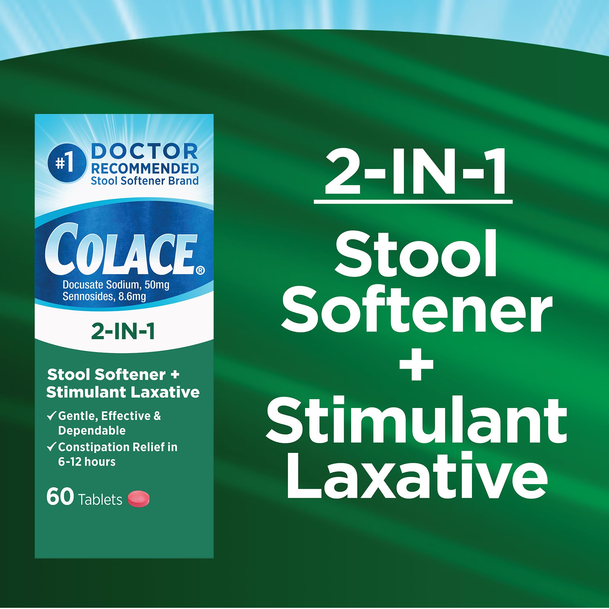 Colace 2-In-1 Stool Softener Plus Stimulant Laxative for Gentle Effective Constipation Relief, Docusate Sodium Plus Sennosides, 60 Count