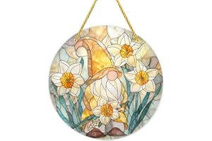Snugozo - Spring Daffodil Gnomes, 1PC Round Stained Glass Styles Acrylic Suncatchers, 6×6inch Acrylic Hanging Ornaments Wall 