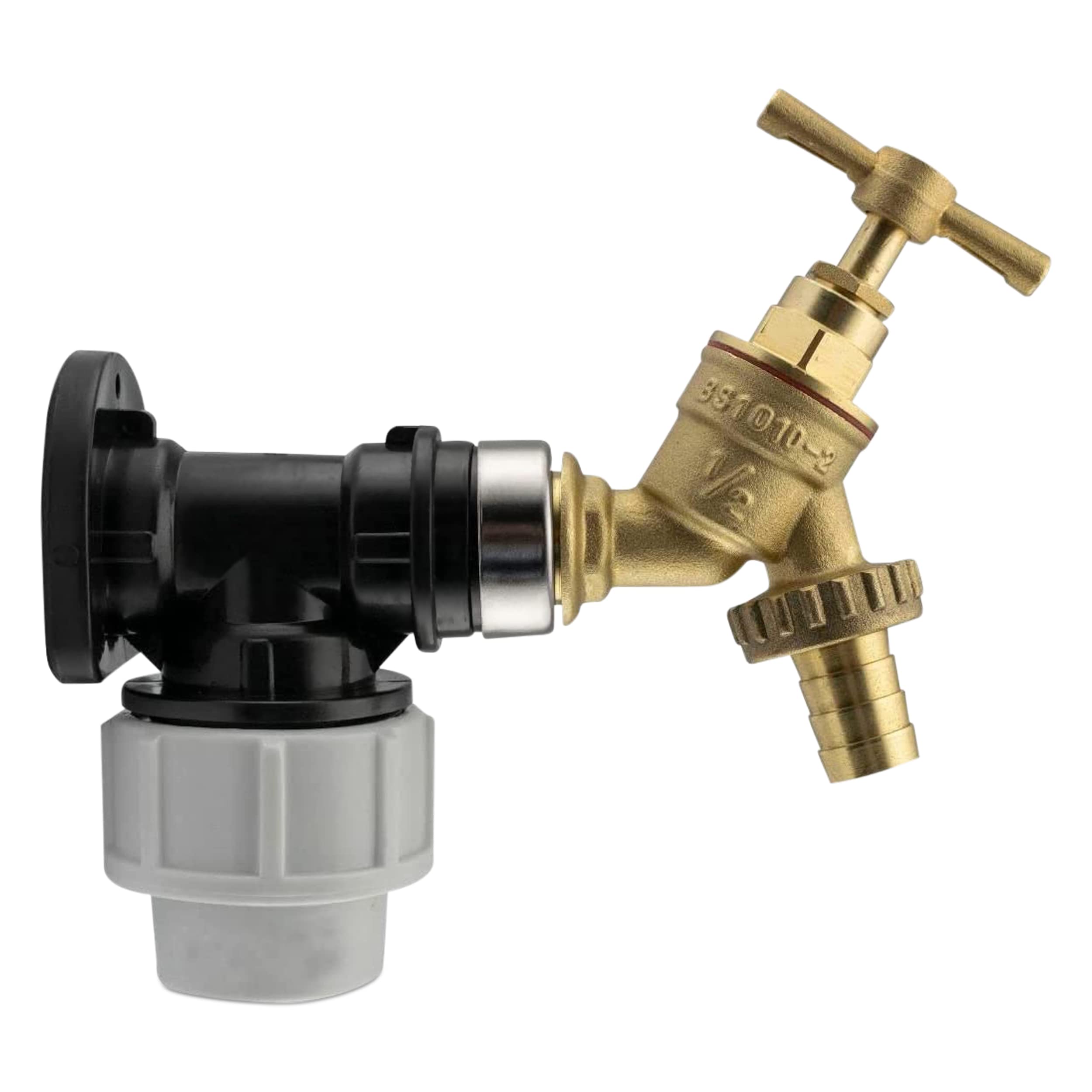 20mm MDPE Wall Flange Kit – Wall Plate Elbow ½ Brass Garden Tap with Barb Hose Fitting and PTFE Tape – Easy to Install Hose Connector for Backyard, Around the House, Farmhouse. Set by MYPURECORE