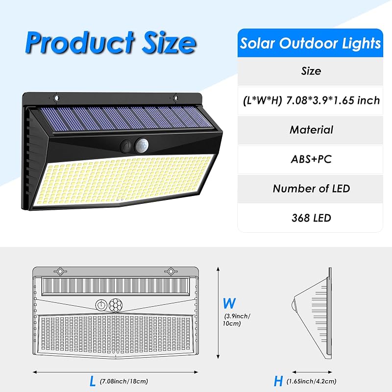 Luz Solar LED Exterior Jardin 368LED Luces Solares con Sensor de Movimiento, IP65 Impermeable Focos LED Exterior Solares, Superbrillante Lamparas Solares-2 Paquete