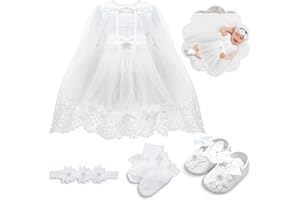 Cutecrop 5 Pcs Baptism Outfit for Baby Girls Christening Outfit Socks Shoes First Communion for Infant Toddler