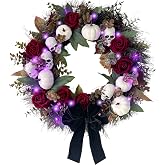 HipTree 20 Inch Gothic Halloween Wreath for Front Door with Purple Lights | Black Wreath with Skulls,Burgundy Roses & White Pumpkins,Battery Operated Spooky Fall Wreath for Indoor Outdoor Porch Decor