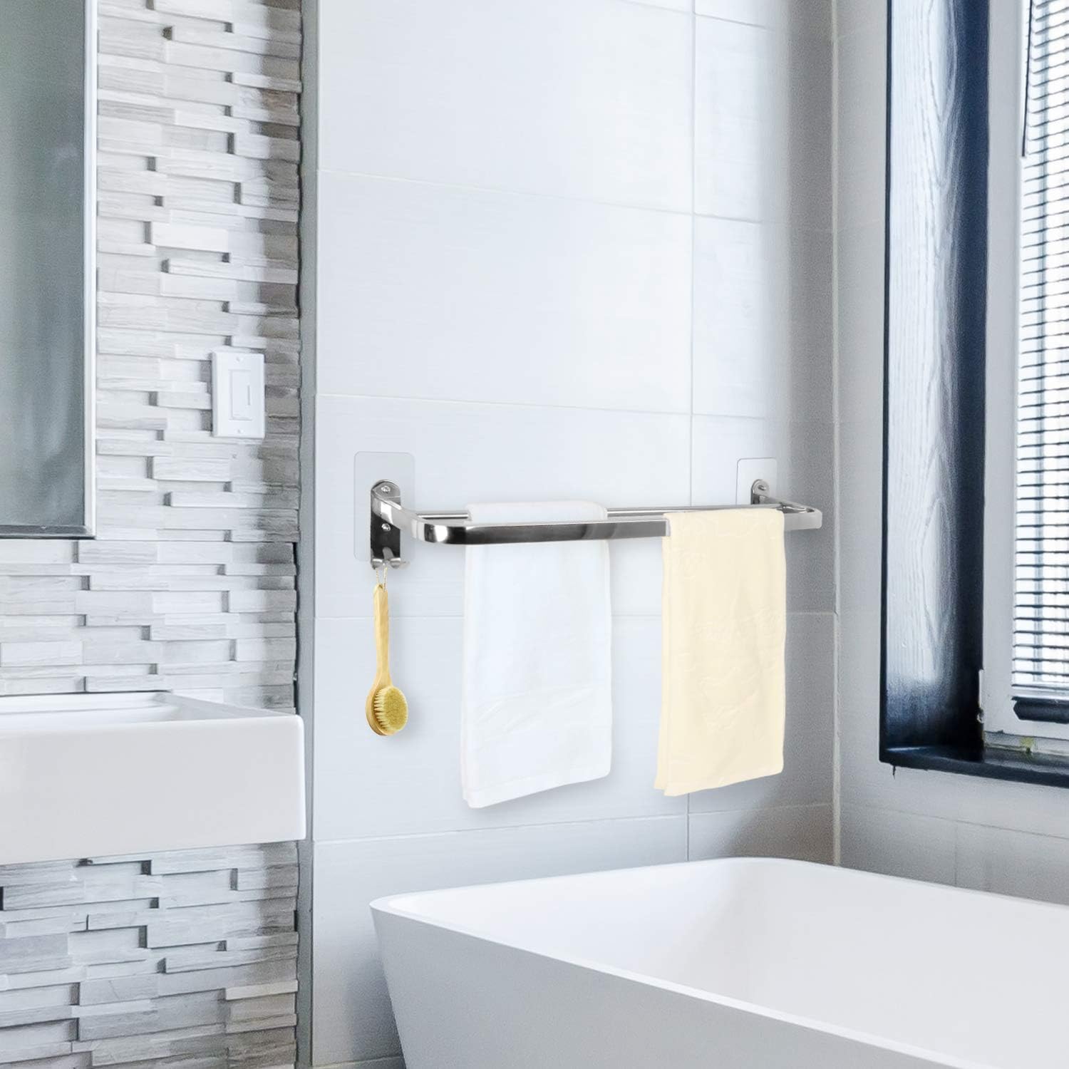 Towel Bar with Hooks, Double Rails Towel Rack 22LBS Max Self Adhesive