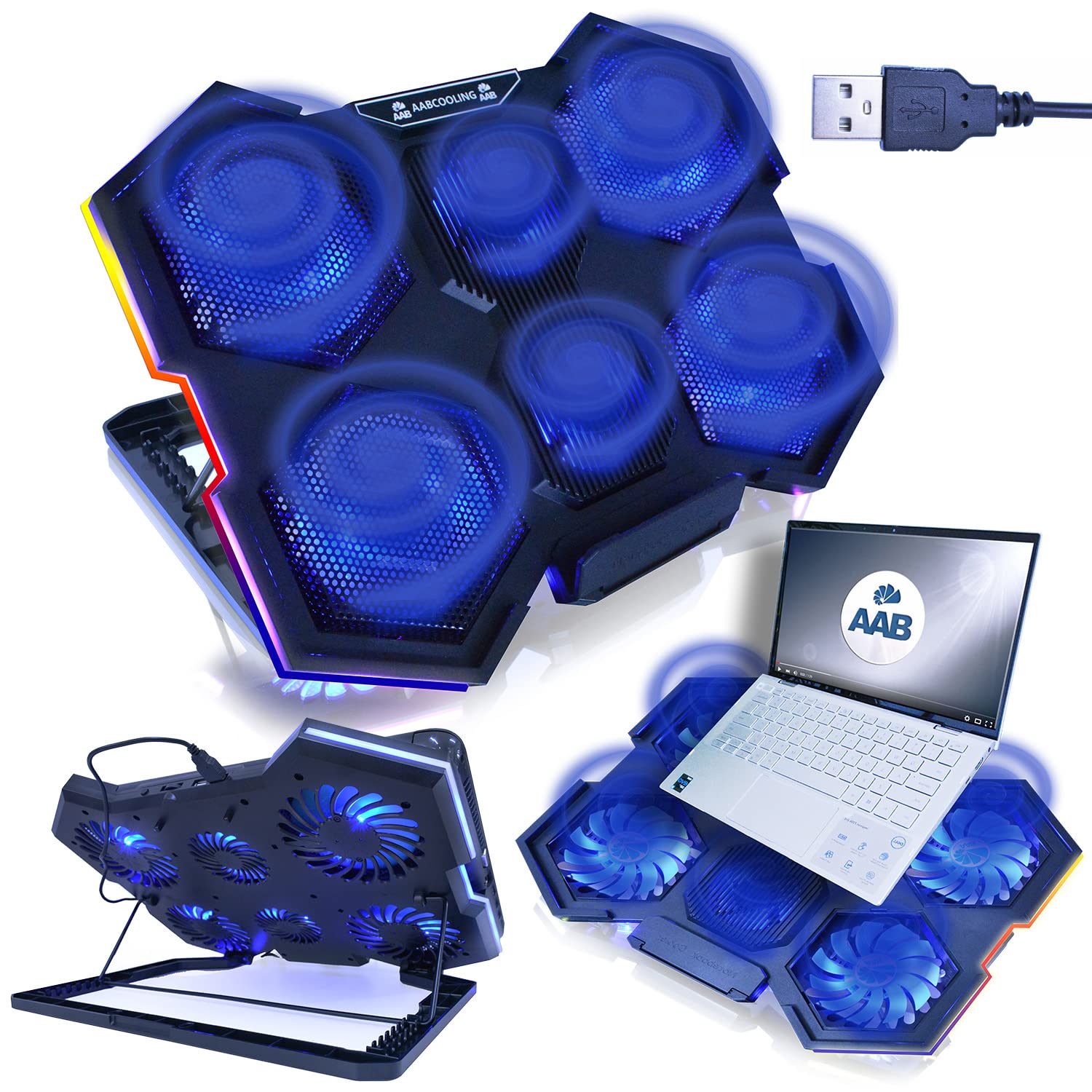 AABCOOLING Hurricane-17 Inch Laptop Cooling Pad with 6 Fans, Adjustable Tilt and Blue Backlight, Notebook Cooler, Cooling Fan, Laptop Cooling Stand, Laptop Tray Cushion, Multicolour-illuminated RGB