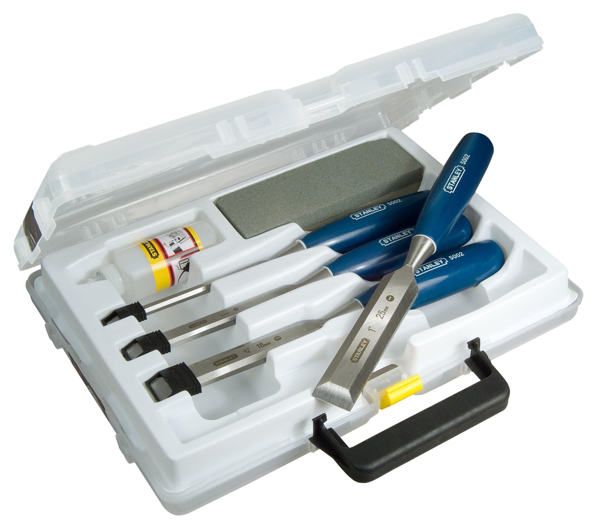 STANLEY 4 Piece Chisel Set Includes 6 12 18 25 mm High Carbon Steel Blade Chisels with Sharpening Stone and Oil 0-16-130
