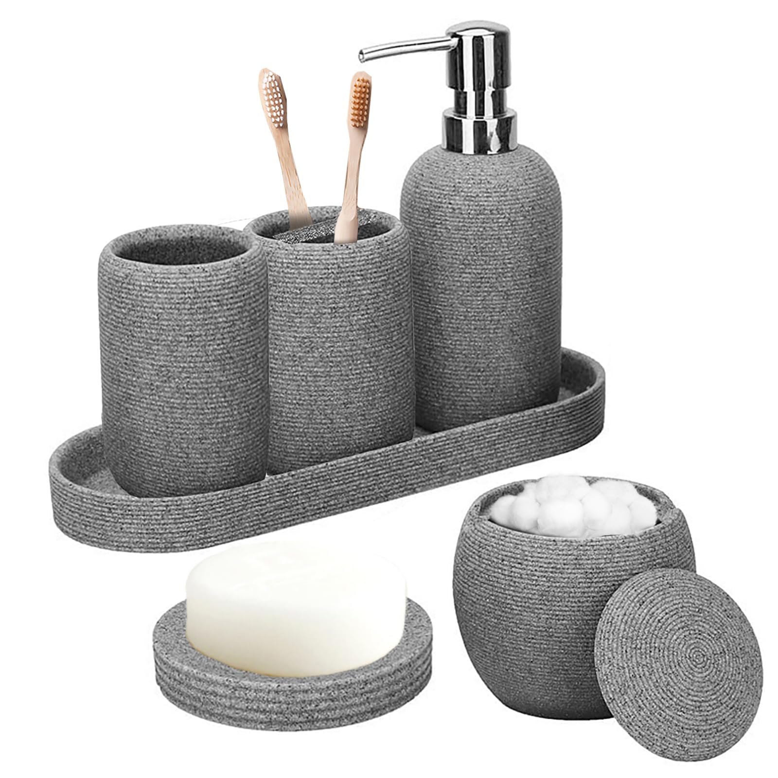 Photo 1 of Bathroom Accessory Set, 6PCS Gray Bathroom Accessories - Soap Dish, Lotion Dispenser, Toothbrush Holder, Mouthwash Cup, Tray, Cotton Ball Jar, Aesthetic Decor Bathroom Sets