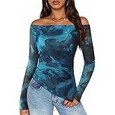 ZESICA Floral Mesh Off Shoulder Long Sleeve Tops for Women 2026 Y2k Double Lined Sheer Spring Going Out Shirts