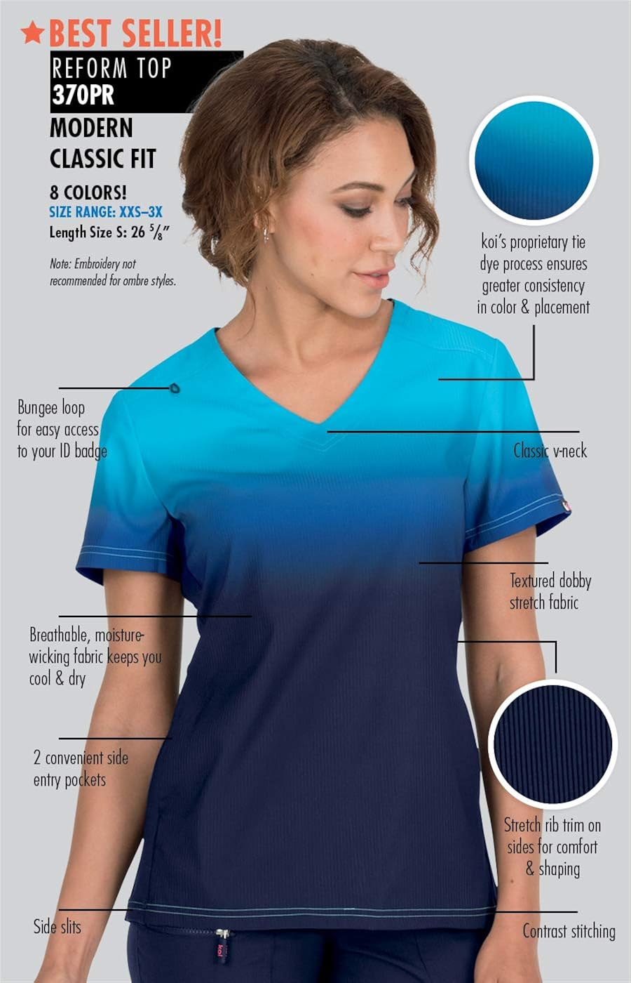KOI Lite Zip Pocket Ombre Reform Scrub Top for Women: Clothing