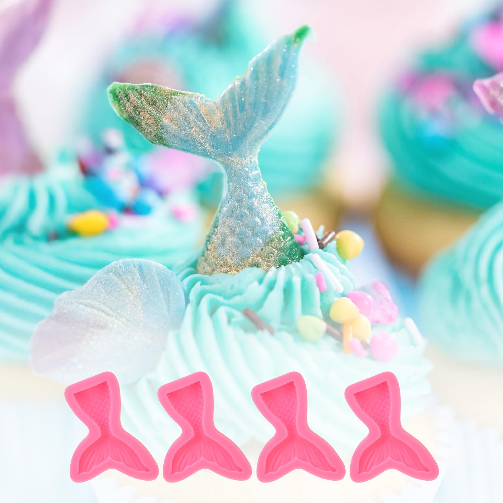 Photo 1 of 4 Pcs Mermaid Tail Chocolate Mold, 3D Animal Silicone Fondant Molds Small Resin Molds Mermaid Tail Candy Cookie Making Molds Tools Ocean Theme Cake Topper for Baking DIY Cake Decoration Supplies