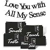 KARAQY 5 Senses Gift Bags for Him with Labels and Banner Set, Sight Smell Touch Taste Sound Black Gift Bags for Birthday, Wedding, Anniversary, Valentine'S Day