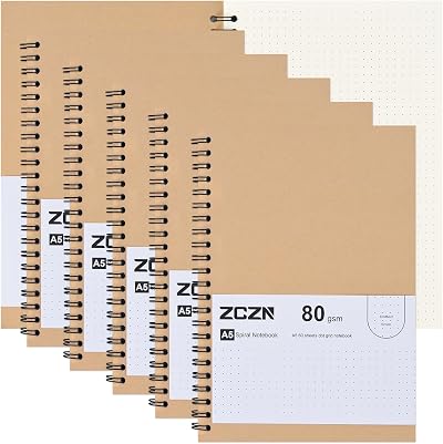 ZCZN A5 Dotted Notebook 6 Pack Spiral 80gsm 120 Pages 60 Sheets FSC