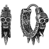 Raymard Vintage Skull Hoop Earrings for Men, Stainless Steel Punk Spike Skeleton Huggie Earrings