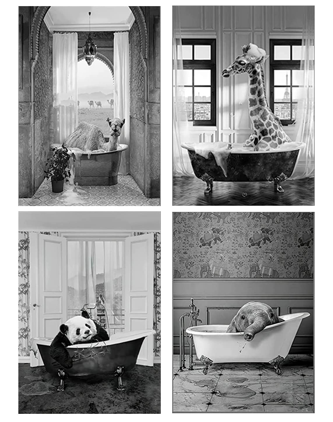 LPFNSF Bathroom Pictures Bath Animal Giraffe Elephant in Bathtub Picture Funny Wall Art Prints Canvas Bathroom Poster Unframed. (Style 1, 30x40cm*4)