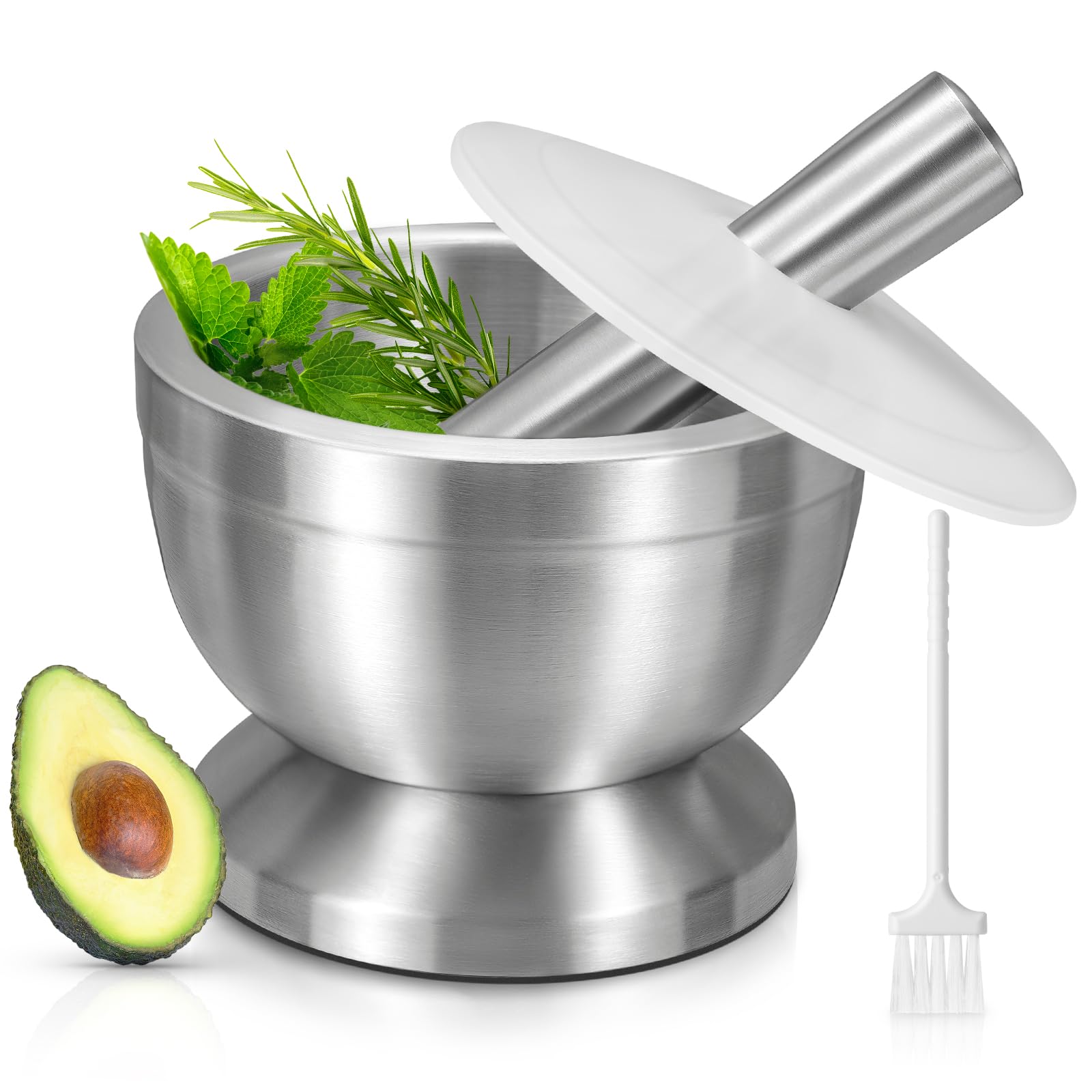 Pestle and Mortar Set, Sopito Stainless Steel Mortar Bowl and Pestle with Lid and Anti Slip Base for Herbs, Garlic, Ginger & Spices, 10cm(3.9") Diameter