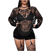 SHENHE Women's Plus Size Y2K Punk Ripped Sweater See Through Long Sleeve Grunge Knit Tops