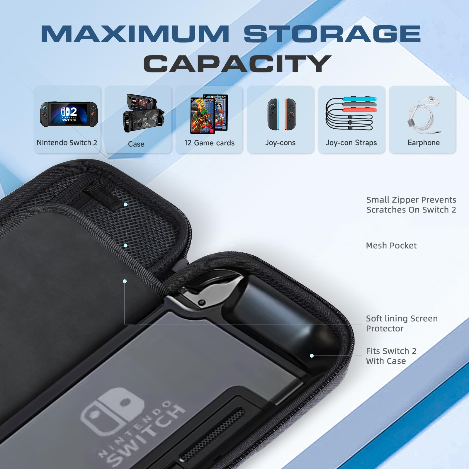 YAOTUBAG Carrying Case for Nintendo Switch 2 2025, Large Capacity Travel Protective Handbag, Hard Shell Portable Pouch, Holds Cased Console, Accessories, 12 Game Cards [Plus Version] Black