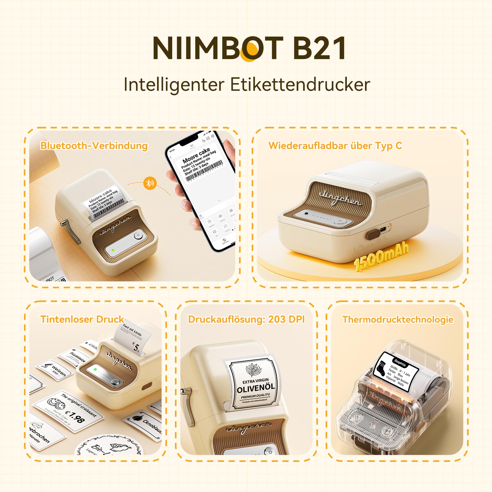 NIIMBOT Etikettendrucker B21, Selbstklebendes Etikettiergerät Bluetooth Beschriftungsgerät Sticker Drucker Label Printer für Lernen, Studiennotizen, Bilderdruck, Scrapbooking, enthält 230 Etiketten 6